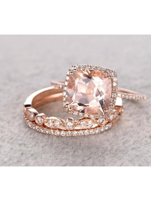 2.00 carat Morganite Trio Wedding Bridal Ring Set with Diamonds One Engagement Ring & 2 Wedding Bands with 18k Gold Plating