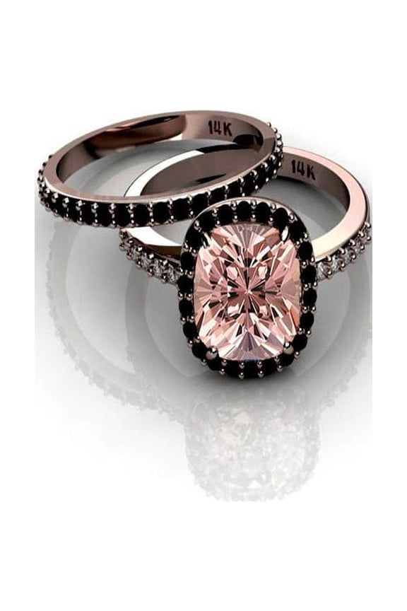 2.00 carat Morganite and Black diamond Halo Bridal Set in 10k Rose Gold