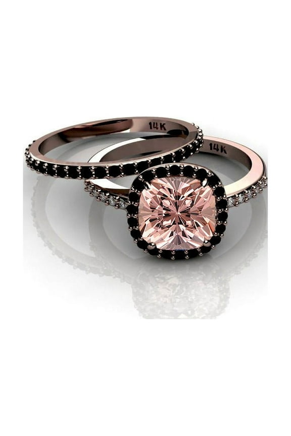 2.00 carat Morganite and Black diamond Halo Bridal Set in 10k Rose Gold