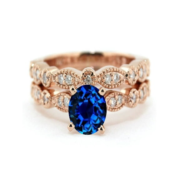 2.00 carat Round Cut Sapphire and Diamond Halo Bridal Set in 10k Rose Gold