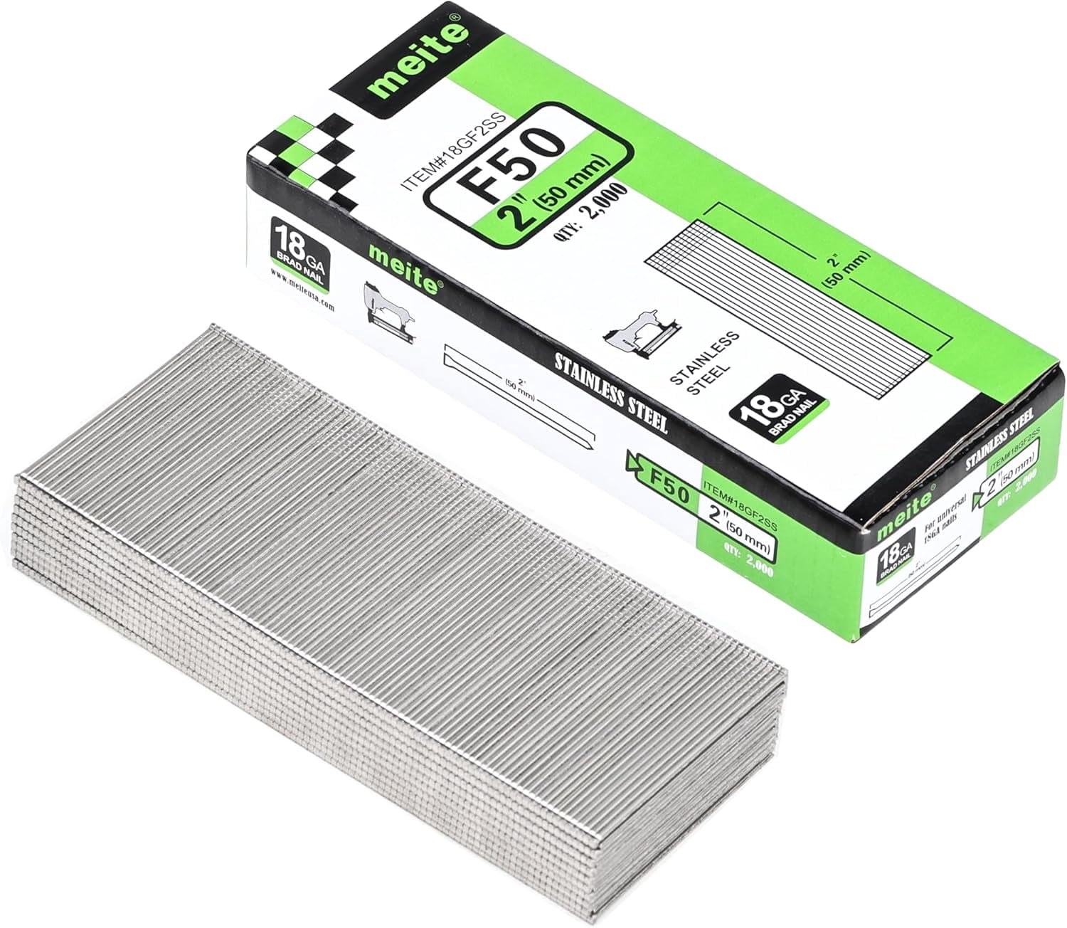 2,000 PCS MEITE 18 Gauge Stainless Steel Brad Nails, 2 Inch Length, Small Finishing Nail Gun Nails for Pneumatic, Electric Brad Nailer Gun