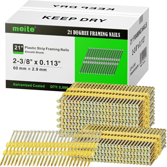 MEITE 21 Degree Framing Nails 2-3/8 Inch, Smooth Shank, Full Round Head Galvanized 2,000 PCS