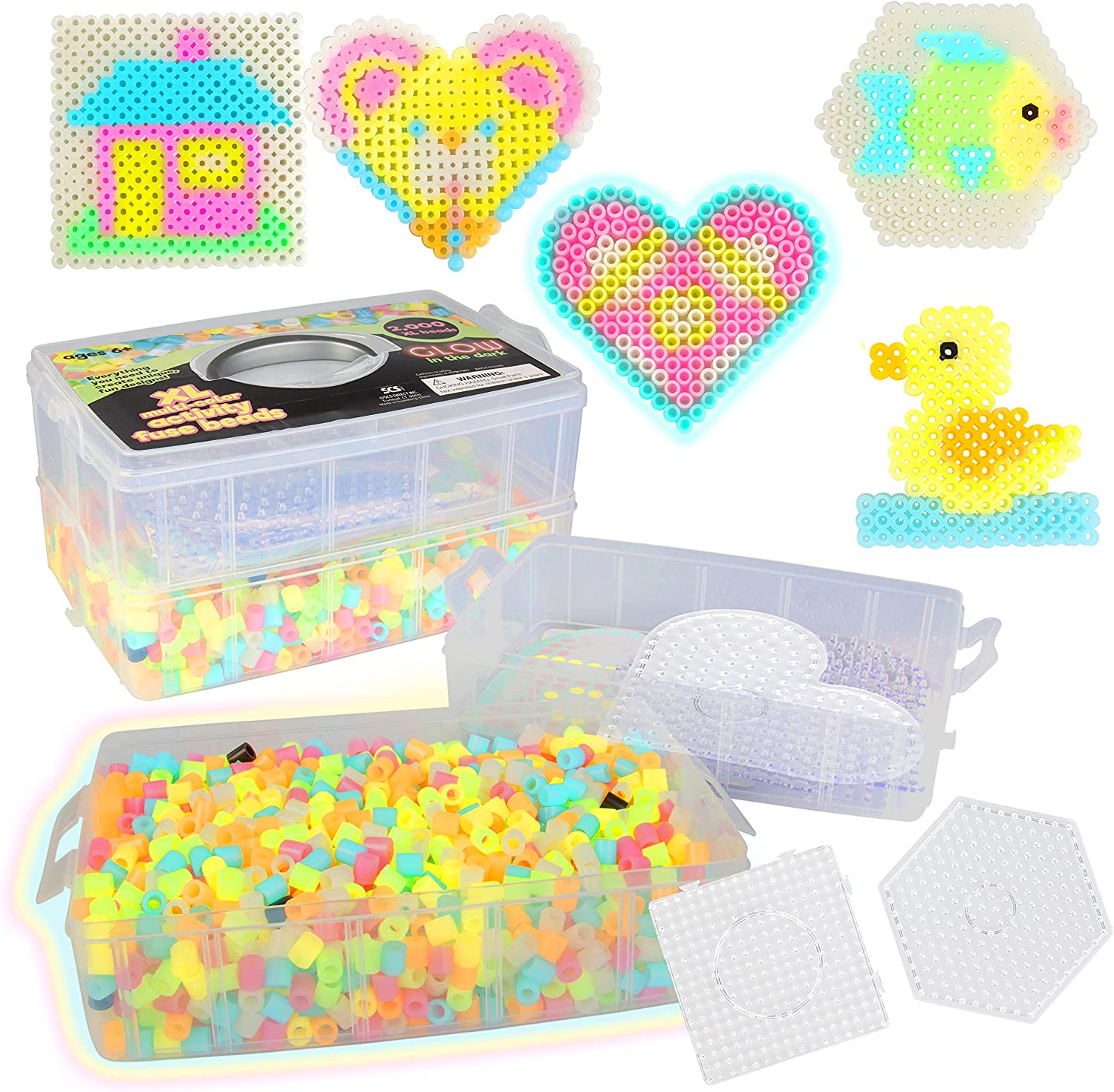 2,000 Piece Glow in The Dark XL Biggie Fuse Halloween Craft Bead Kit- 3 XL Pegboards, 7 Colors, 6 Unique Templates, Ironing Paper and Case - Works
