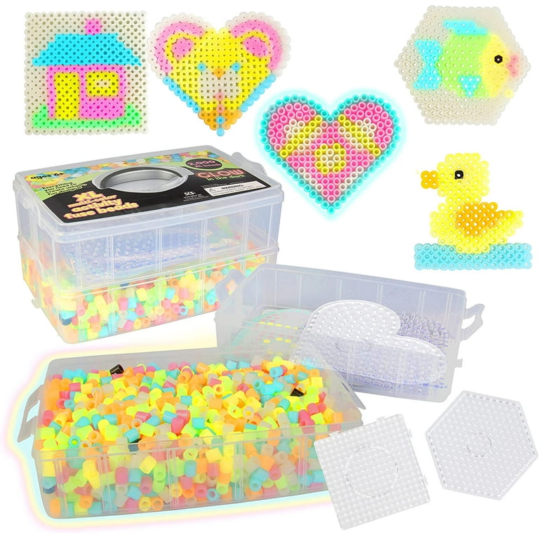 2,000 Piece Glow in The Dark XL Biggie Fuse Craft Bead Kit- 3 XL Pegboards,  7 Colors, 6 Unique Templates, Ironing Paper and Case - Works with Biggie  Larger Perler Beads, Pixel Art Project 