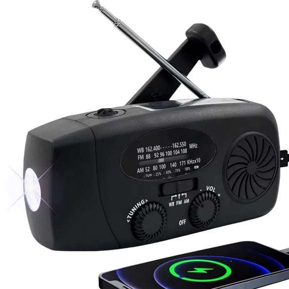 2,000 mAh 7-Band Emergency Weather AM/FM/WB Radio with NOAA, Flashlight, Phone Charger (BLACK)