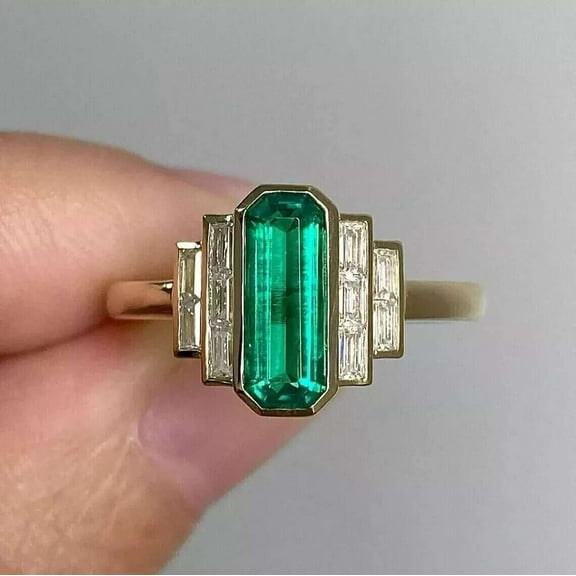 2.00CT Baguette Cut Green Emerald 925 Silver Engagement Ring 14k Yellow Gold Plated
