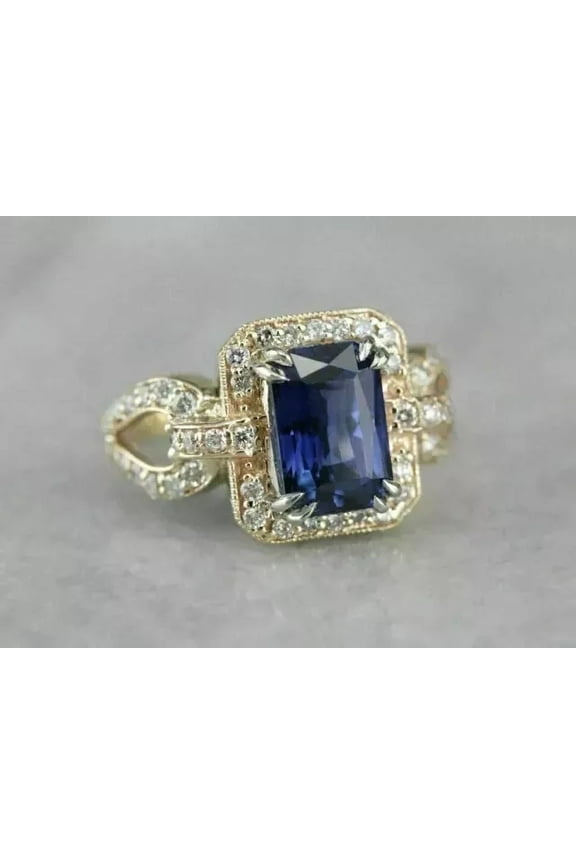 2.00CT Emerald Cut Lab Created Blue Sapphire Halo Engagement Ring 14K Yellow Gold Plated 925 Silver