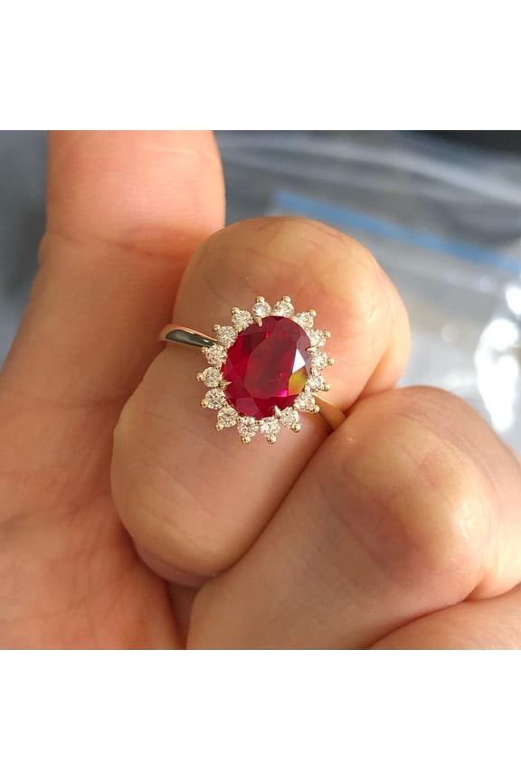 2.00CT Oval Cut Red Stone Halo Setting Ring with Clear Accent Stones Looking Stylish For Bridal And Wedding Ring 925 Sterling Silver