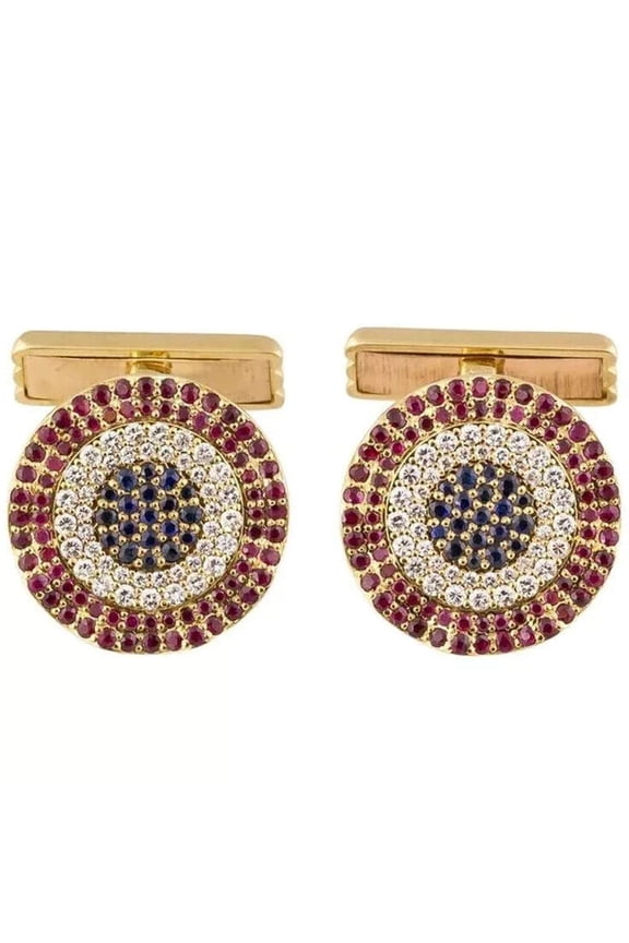 2.00CT Round Cut Blue Sapphire & Red Ruby 925 Silver Men's Cufflink In 14k Yellow Gold Plated