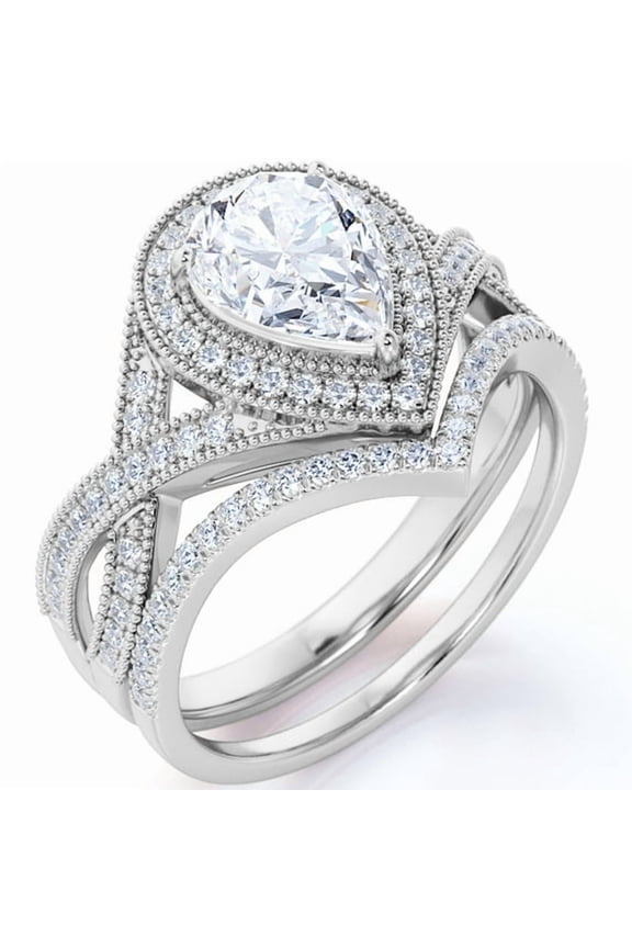 2.00Carat Pear Cut Simulated Diamond Wedding Set - Bridal Set - Art Deco Ring - Halo Ring - Cluster Ring - 14k White Gold Plated for Women