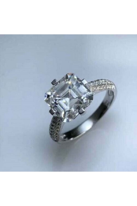 2.00Ct Asscher Cut Lab-Created Diamond Solaitaire With Accents Engagement Ring 14K White Gold Plated 925 Silver For Her