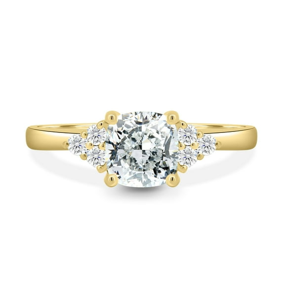 2.00Ct Cushion Cut Lab Grown Diamond Engagement Ring, Round Side Accent, 10K Yellow Gold, US 6