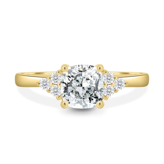 2.00Ct Cushion Cut Lab Grown Diamond Engagement Ring, Round Side Accent, 14K Yellow Gold, US 10.5