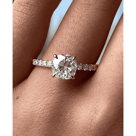 2.00Ct Cushion Cut Lab-Grown Diamond Pavé Solitaire Engagement Ring, 14K Rose Gold, US 8.5