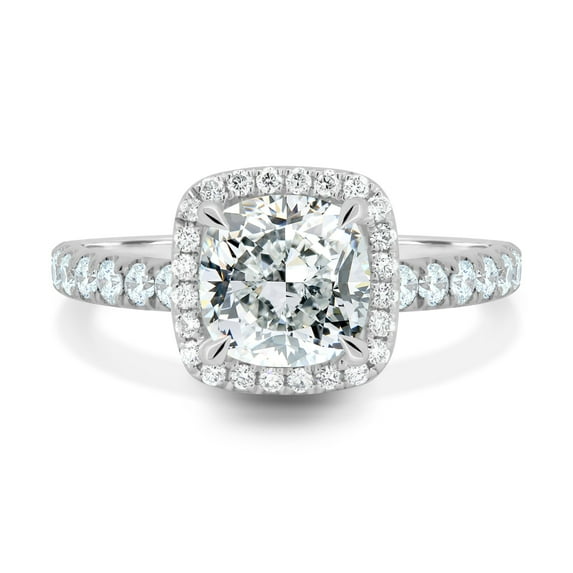 2.00Ct Cushion Cut Moissanite Halo & Pavé Band Engagement Ring, 18K White Gold, US 4