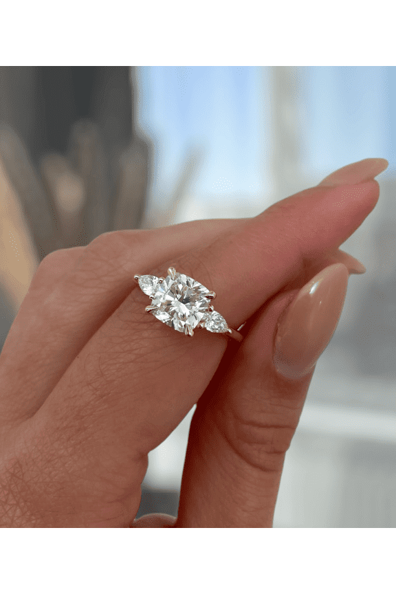 2.00Ct Cushion Lab Grown Diamond Trilogy Engagement Ring, Pear Side Accent, 14K White Gold, US 4
