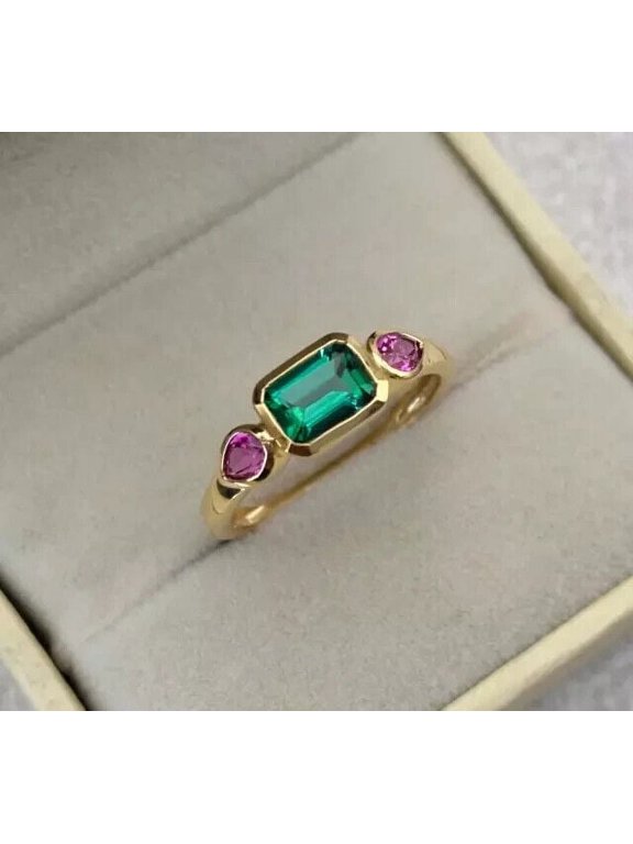 2.00Ct Emerald Cut Lab-Created Green Emerald & Ruby Three Stone Wedding Ring 14k Yellow Gold Plated Silver