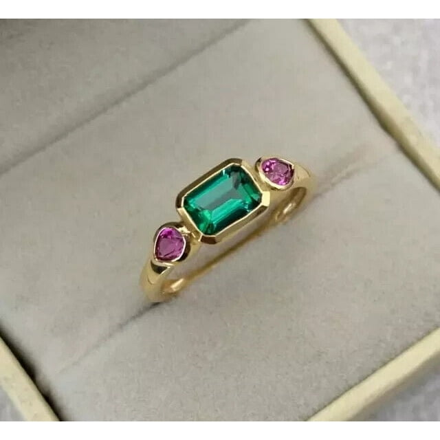 2.00Ct Emerald Cut Lab-Created Green Emerald & Ruby Three Stone Wedding ...