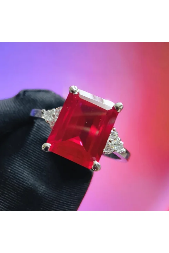 2.00Ct Emerald Cut Lab Created Red Ruby Engagement Ring 14K White Gold Plated