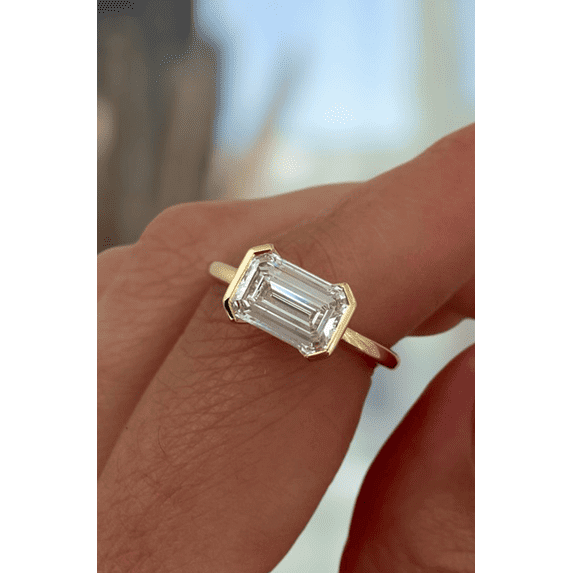 2.00Ct Emerald Cut Lab-Grown Diamond East West Half Bezel Engagement Ring, 10K Yellow Gold, US 6