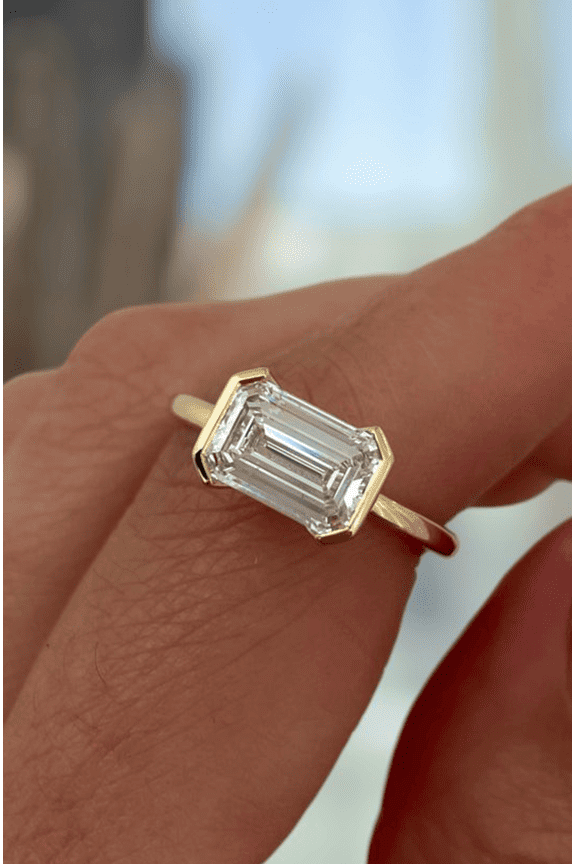 2.00Ct Emerald Cut Lab-Grown Diamond East West Half Bezel Engagement Ring, 14K White Gold, US 5