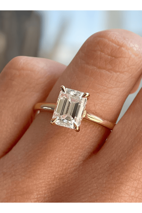 2.00Ct Emerald Cut Lab-Grown Diamond Hidden Halo Solitaire Engagement Ring, 10K Rose Gold, US 4