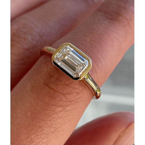 2.00Ct Emerald Cut Moissanite East West Bezel Solitaire Engagement Ring, 10K Rose Gold, US 6