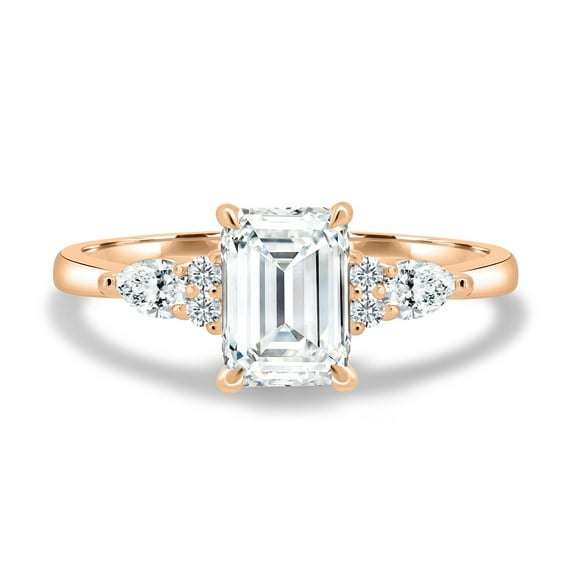 2.00Ct Emerald Cut Moissanite Engagement Ring, Round & Pear Side Stones, 18K Rose Gold, US 4.5