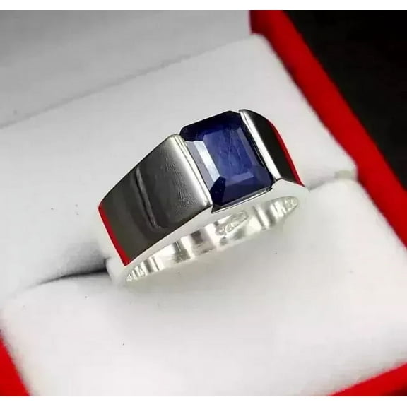 2.00Ct Emerald Cut Simulated Blue Sapphire Solitaire Men's Wedding Ring 14K White Gold Plated 925 Sterling Silver