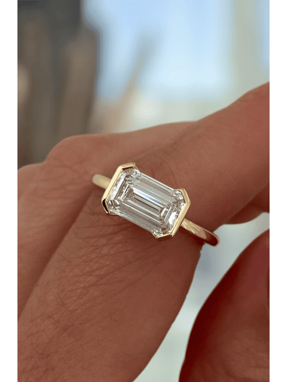 2.00Ct Emerald Moissanite East West Half Bezel Solitaire Engagement Ring, 18K Rose Gold, US 8
