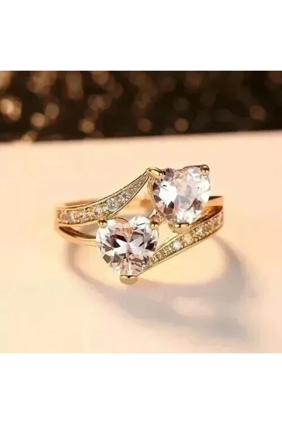 2.00Ct Heart Cut Simulated Diamond Double Heart Womens Anniversary Ring 14k Yellow Gold Plated Silver