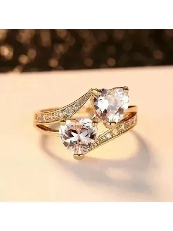 2.00Ct Heart Cut Simulated Diamond Double Heart Womens Anniversary Ring 14k Yellow Gold Plated Silver