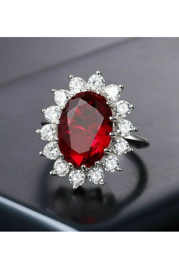 2.00Ct Oval Cut Lab Created Red Ruby & Diamond Flower Halo Engagement Ring 14K White Gold Plated 925 Silver Promise Ring