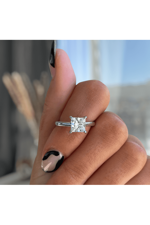 2.00Ct Princess Cut Moissanite Solitaire Engagement Ring, Flat Band Cathedral Set, 18K White Gold