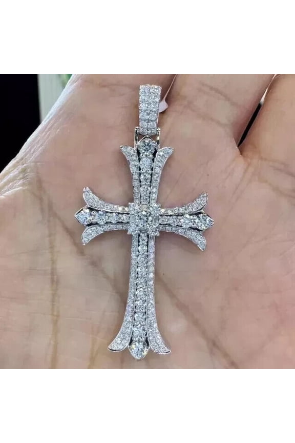 2.00Ct Round Cut Lab-Created Diamond Men's Cross Pendant 14K White Gold Plated Sterling Silver