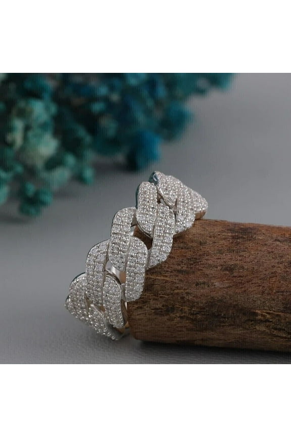 2.00Ct Round Cut Lab Created Diamond Men's Cuban Link Engagement Ring 14K White Gold Plated Silver