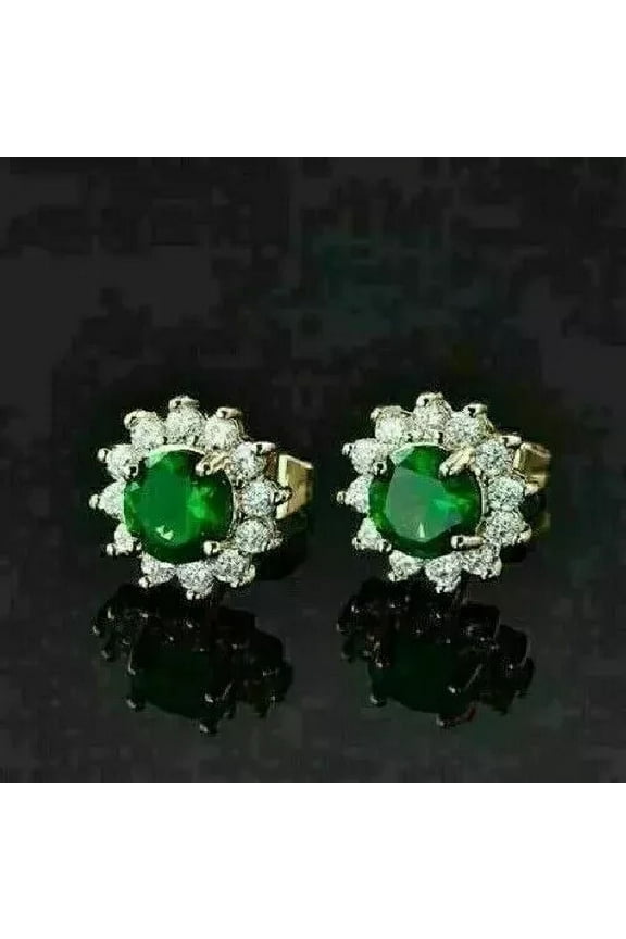 2.00Ct Round Cut Lab-Created Green Emerald Halo Stud Earrings 14K Yellow Gold Plated