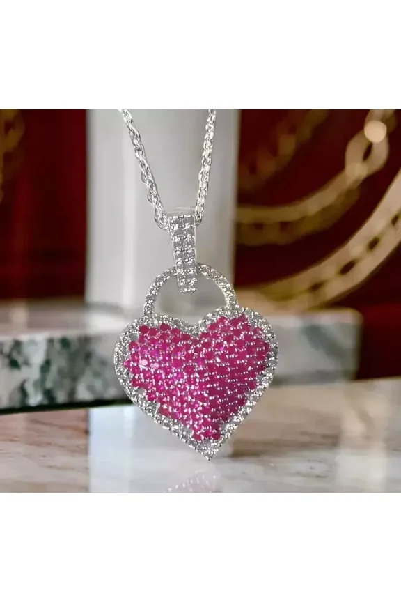 2.00Ct Round Cut Lab-Created Pink Ruby Heart Shape Pendant 14K White Gold Plated