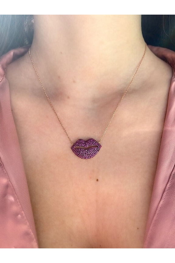 2.00Ct Round Cut Lab-Created Red Ruby Lips Necklace Pendant 14K Rose Gold Plated