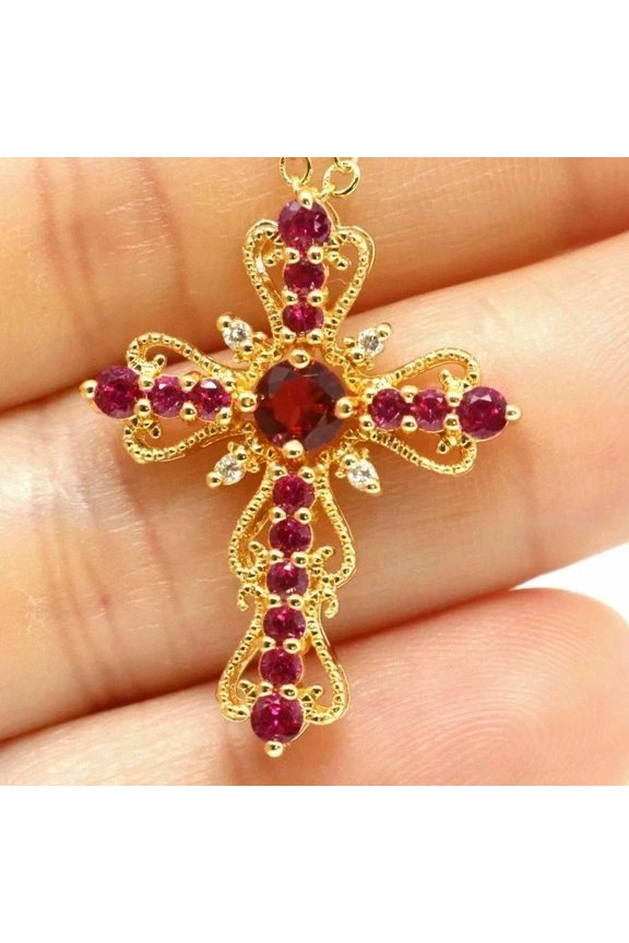 2.00Ct Round Cut Lab Created Ruby Men's Cross Pendant 14K Yellow Gold Plated