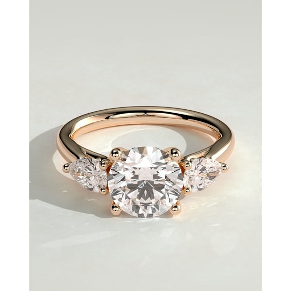 2.00Ct Round Cut Moissanite Trilogy Solitaire Engagement Ring – Trellis Basket Setting, Pear Side Stones in 10K Rose Gold for Women