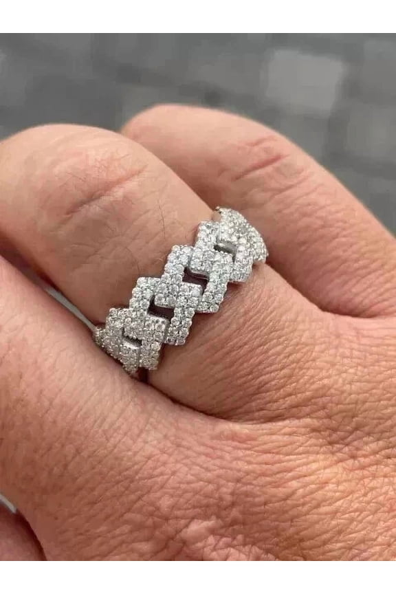 2.00Ct Round Cut Simulated Diamond Cuban Link Style Men's Ring 14K White Gold Plated 925 Sterling Silver