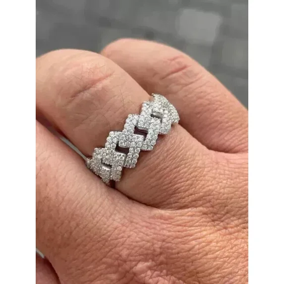 2.00Ct Round Cut Simulated Diamond Cuban Link Style Men's Ring 14K White Gold Plated 925 Sterling Silver