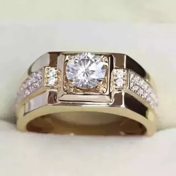 2.00Ct Round Cut Simulated Diamond Halo Men's Wedding Band Ring 14K Yellow Gold Plated 925 Silver For Him