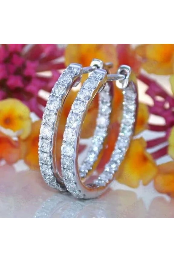 2.00Ct Round Cut Simulated Diamond Hoop Huggie Inside Outside Women's Earrings 14k White Gold Plated Silver