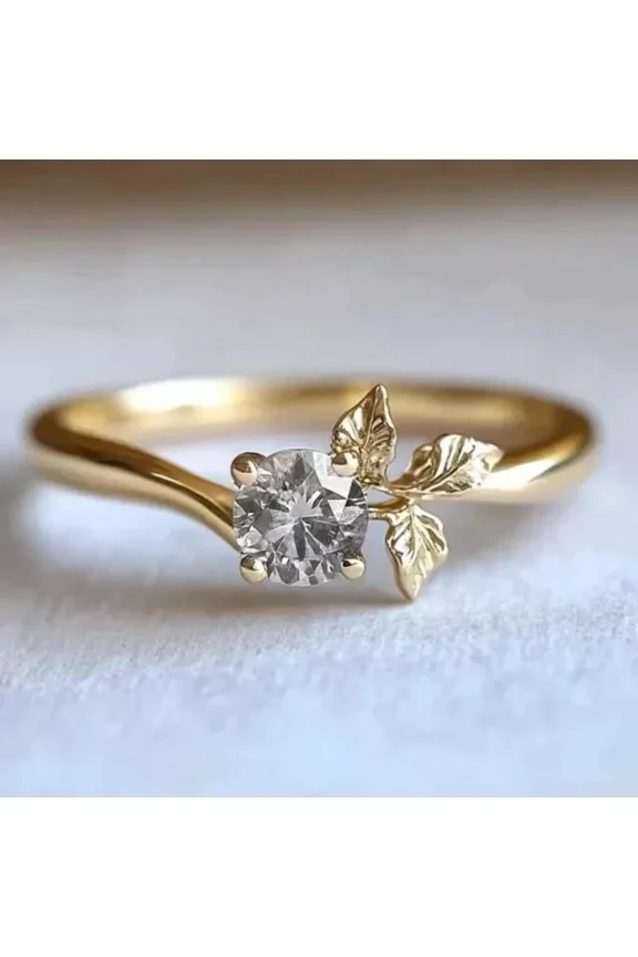 2.00Ct Round Cut Simulated Diamond Solitaire Leafy Design Wedding Ring 14K Yellow Gold Plated 925 Silver For Her