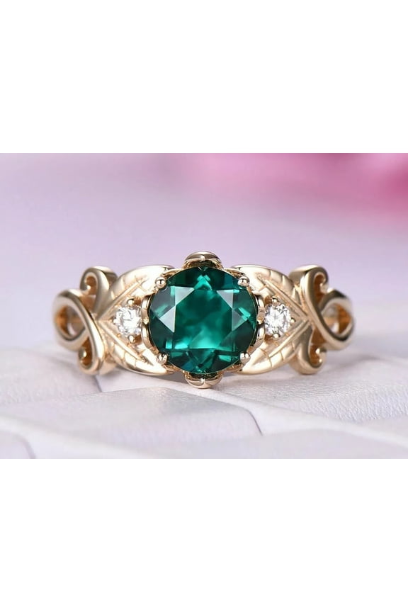 2.00Ct Round Cut Simulated Green Emerald Solitaire Flower Women's Engagement Ring 14K Rose Gold Plated Silver