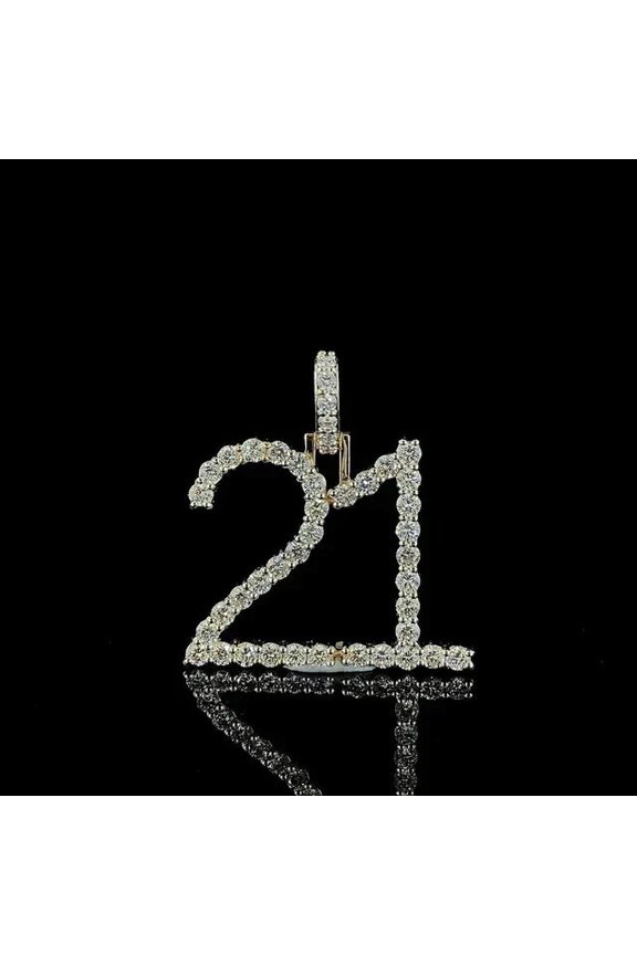 2.00Ct Round Lab Created Diamond Custom Number "21" Pendant 14K Yellow Gold Plated