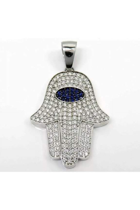 2.00Ct Round Lab-Created Sapphire/Diamond Hamsa Hand Pendant 14K White Gold Over