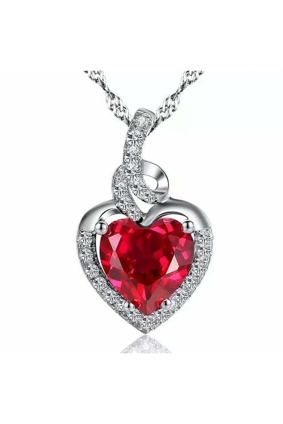 2.00Ct Heart Cut Ruby & Simulated Diamond Pendant Necklace, 14K White Gold Plated Sterling Silver, Romantic Jewelry for Women
